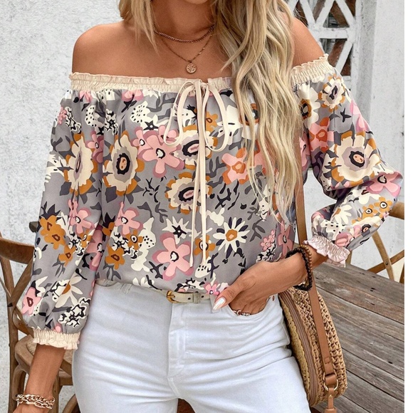 Boho Floral Print Off Shoulder Loose Fit Blouse - Picture 2 of 5
